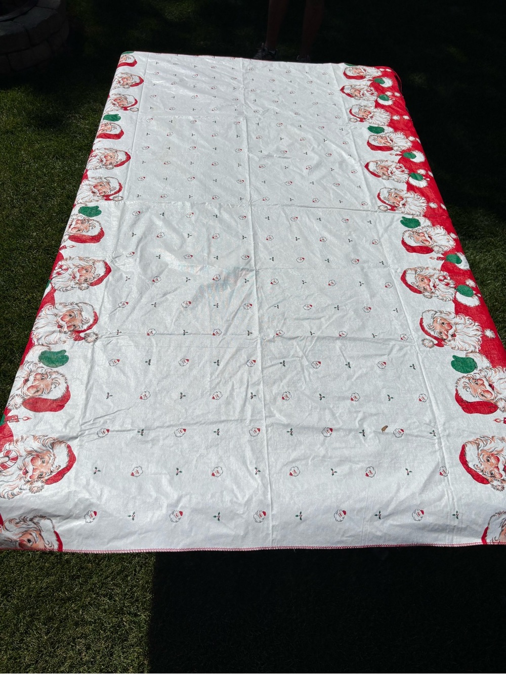 Vintage MCM Christmas Santa Claus Vinyl Tablecloth apprx 69" x 51" Holiday Decor